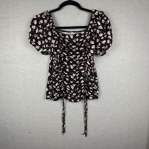 Womens‎ Milkmaid Coquette Ruched Top Black Floral Puff Sleeve Y2K Feminine Sz S